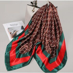 Silk Brown, Red and Green Scarf w/ Letter Print